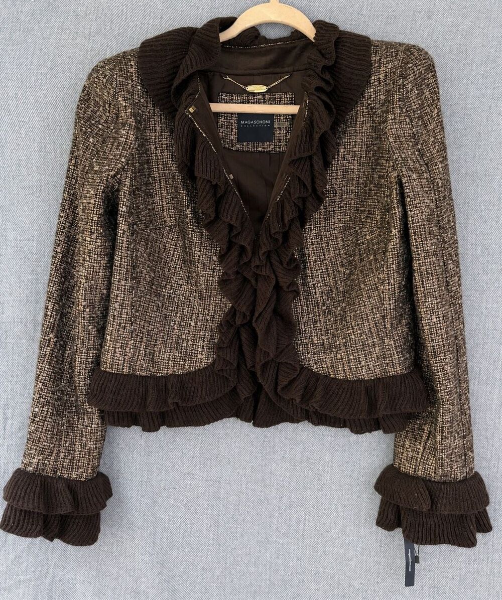 Magaschoni Collection Metallic Tweed Ruffle Jacket Brown Gold NWT Size 10